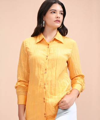 Tokyo Talkies Women Self Design Casual Yellow Shirt