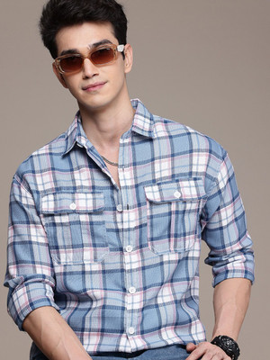 WROGN Men Checkered Casual Blue Shirt