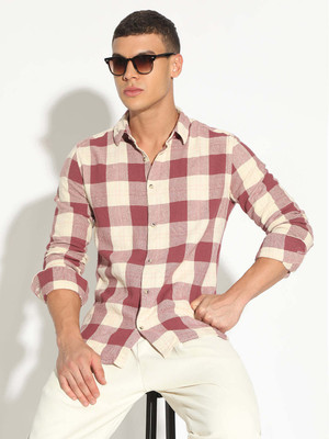 SHOWOFFFF Men Checkered Casual Pink, White Shirt
