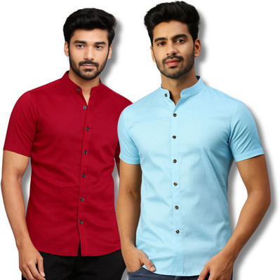 COTTONCHHAP Men Solid Casual Maroon, Light Blue Shirt(Pack of 2)