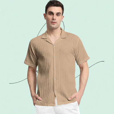A Sti Men Self Design Casual Cream Shirt