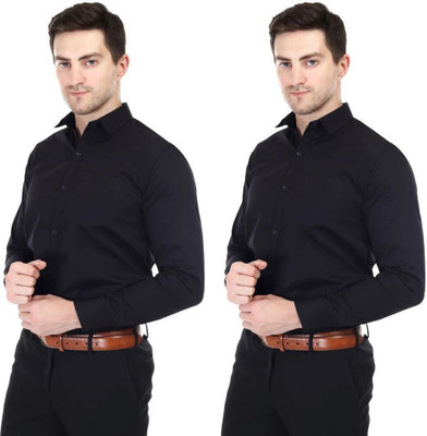 XJARVIS Men Solid Formal Black Shirt(Pack of 2)