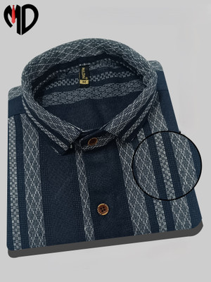 MILDIN Men Striped Casual Dark Blue Shirt