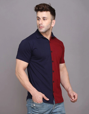 GEUM Men Solid Casual Dark Blue, Maroon Shirt