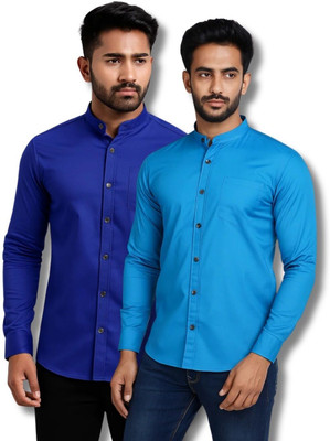 MAHIRAN Men Solid Casual Dark Blue, Blue Shirt(Pack of 2)