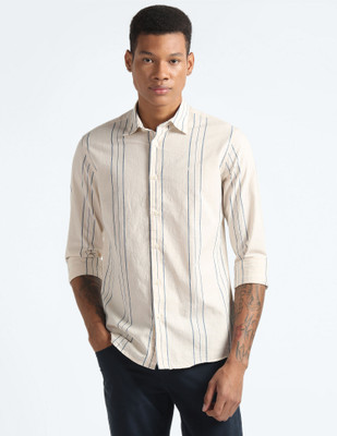 FLYING MACHINE Men Striped Casual Dark Blue, Beige Shirt