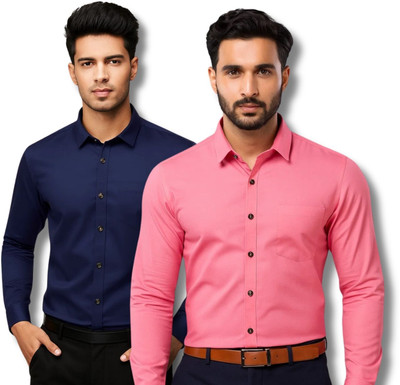 ClothTheory Men Solid Casual Dark Blue, Pink Shirt(Pack of 2)