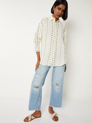 MAX Women Embroidered Casual Beige Shirt