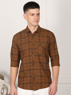 FUBAR Men Checkered Casual Brown Shirt