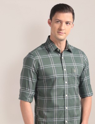 U.S. POLO ASSN. Men Checkered Casual Dark Green, White Shirt