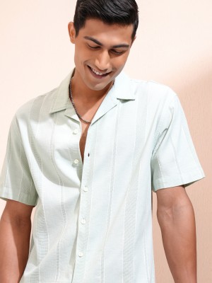 LOCOMOTIVE Men Striped Casual Light Green Shirt