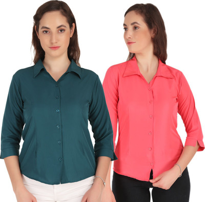 SHANAYA MODA Women Solid Casual Green, Red Shirt(Pack of 2)