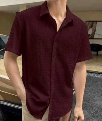 SHFASHION Men Self Design Casual White Shirt
