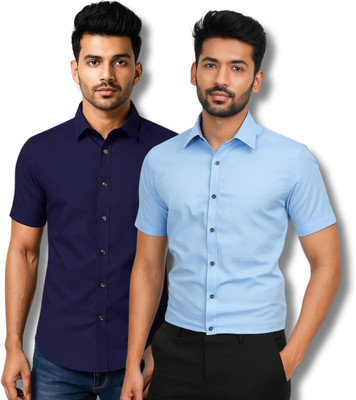 RAREMARK Men Self Design Formal Dark Blue, Light Blue Shirt(Pack of 2)