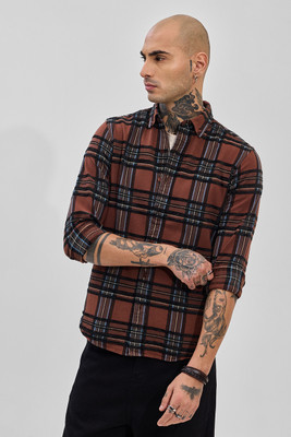 Snitch Men Checkered Casual Brown Shirt