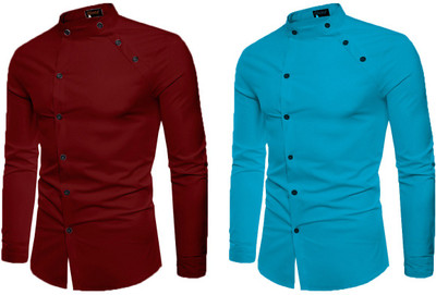 Qlonz Store Men Solid Casual Maroon, Blue Shirt(Pack of 2)
