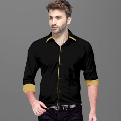 Voroxy Men Solid Casual Black, Yellow Shirt