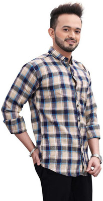 DEELMO Men Checkered Casual Beige, Blue Shirt