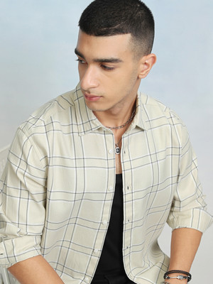 HIGHLANDER Men Checkered Casual Beige Shirt