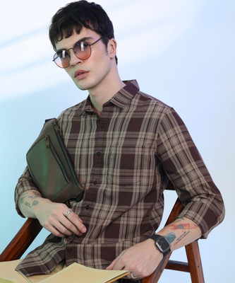 HIGHLANDER Men Checkered Casual Brown, Beige Shirt