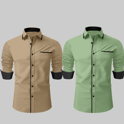 LAXBON Men Solid Casual White, Green Shirt(Pack of 2)