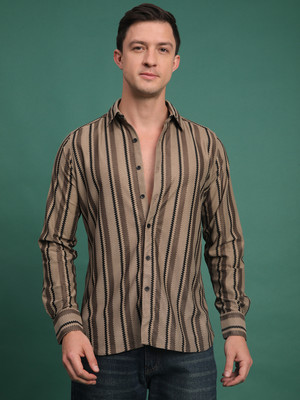 Voroxy Men Striped Casual Brown Shirt