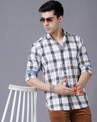 British Club Men Checkered Casual White, Brown, Blue Shirt