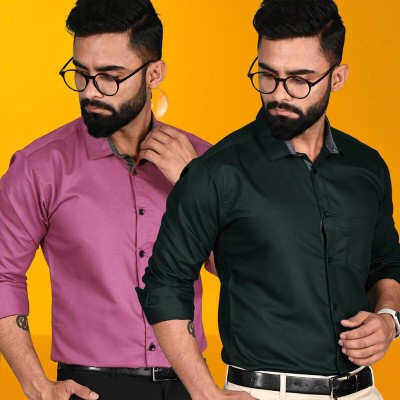 Tee Projekt Men Solid Casual Pink, Dark Green Shirt(Pack of 2)