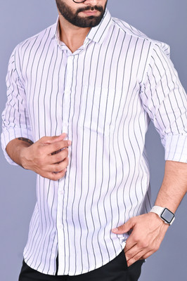 HKV FASHION Men Striped Casual White Shirt