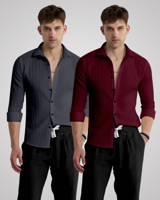 kruze Men Self Design Casual Grey, Maroon Shirt(Pack of 2)