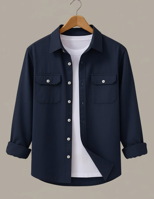 DEELMO Men Solid Casual Blue Shirt