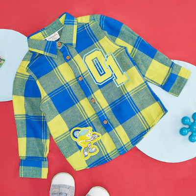Pantaloons Baby Baby Boys Checkered, Embroidered Casual Blue, Yellow Shirt