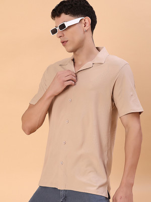 V-MART Men Self Design Casual Beige Shirt
