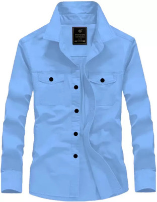 Black Deer Men Solid Casual Light Blue Shirt