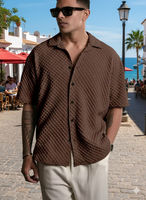 Voroxy Men Self Design Casual Brown Shirt
