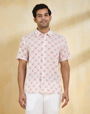Fabindia Men Geometric Print Casual White Shirt