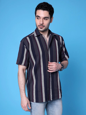 DearDean Men Striped Casual Dark Blue Shirt
