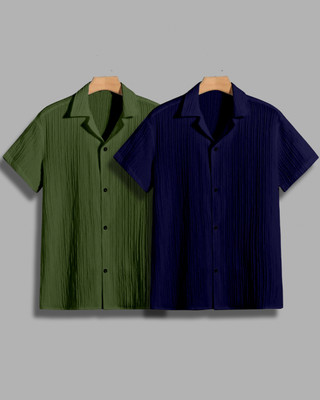 House of Vinay Men Self Design Casual Green, Dark Blue Shirt(Pack of 2)