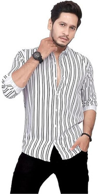 PM Collections Men Striped Casual White, Black Shirt
