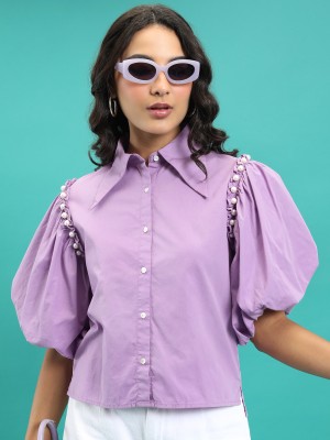 Tokyo Talkies Women Solid Casual Purple Shirt