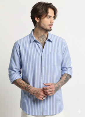 THALLO Men Striped Casual Blue, White Shirt