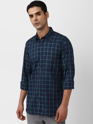 PETER ENGLAND Men Checkered Casual Dark Blue Shirt