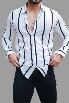 PANKHIL Men Striped Casual White Shirt