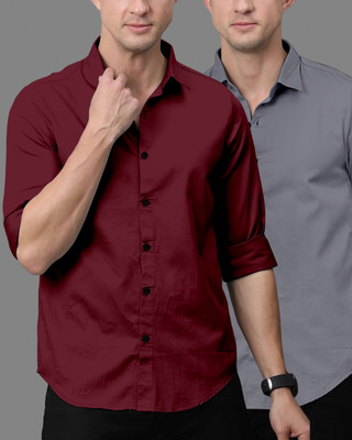 OXXOM Men Solid Casual Grey, Maroon Shirt(Pack of 2)