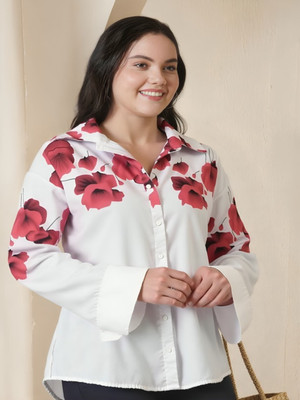 MAYKR Women Floral Print Casual White Shirt