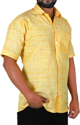 AuzaSho Collection Men Self Design Casual Yellow Shirt