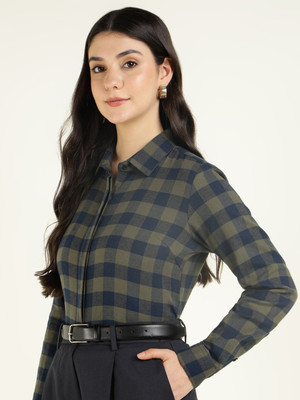 Hancock Women Checkered Formal Green, Blue Shirt