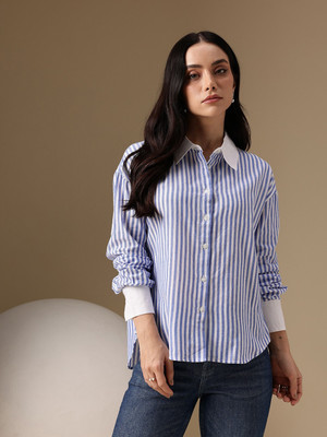 DL Fashion Women Striped Casual Blue Shirt