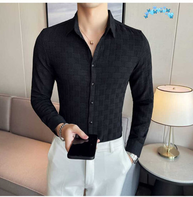 DUCCKCREATION Men Self Design Casual Black Shirt