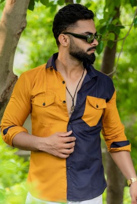 Surhi Men Solid Casual Yellow, Dark Blue Shirt